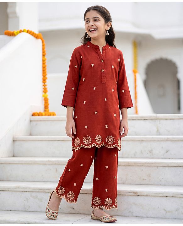 Pine Kids 100% Cotton Woven Three-Fourth Sleeves Indo Western Set With Floral Embroidery - Rust Orange