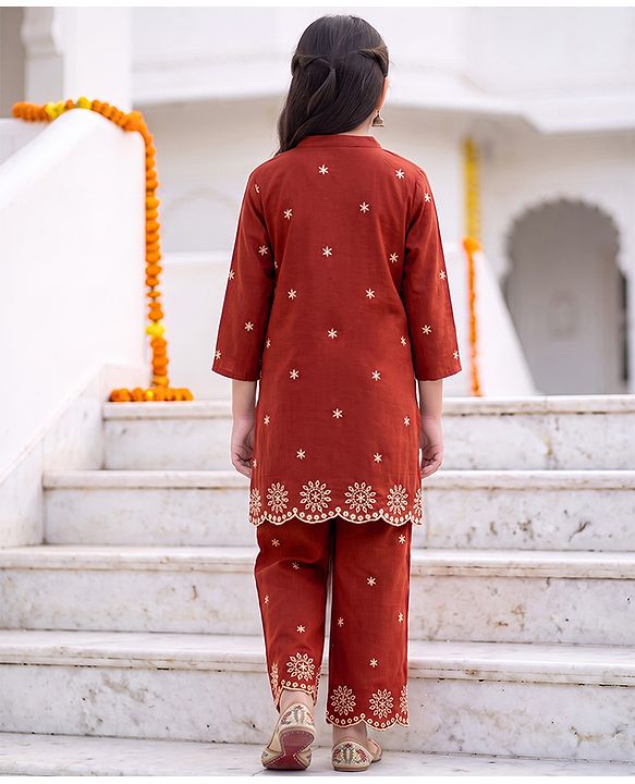 Pine Kids 100% Cotton Woven Three-Fourth Sleeves Indo Western Set With Floral Embroidery - Rust Orange