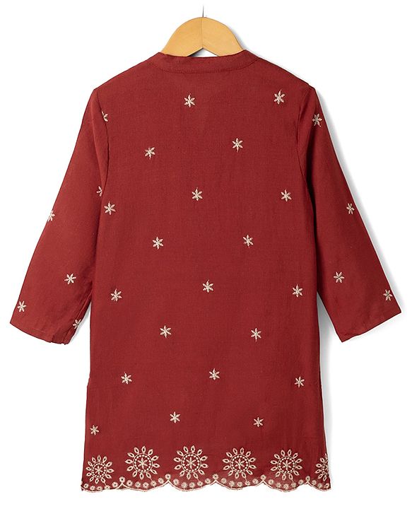 Pine Kids 100% Cotton Woven Three-Fourth Sleeves Indo Western Set With Floral Embroidery - Rust Orange