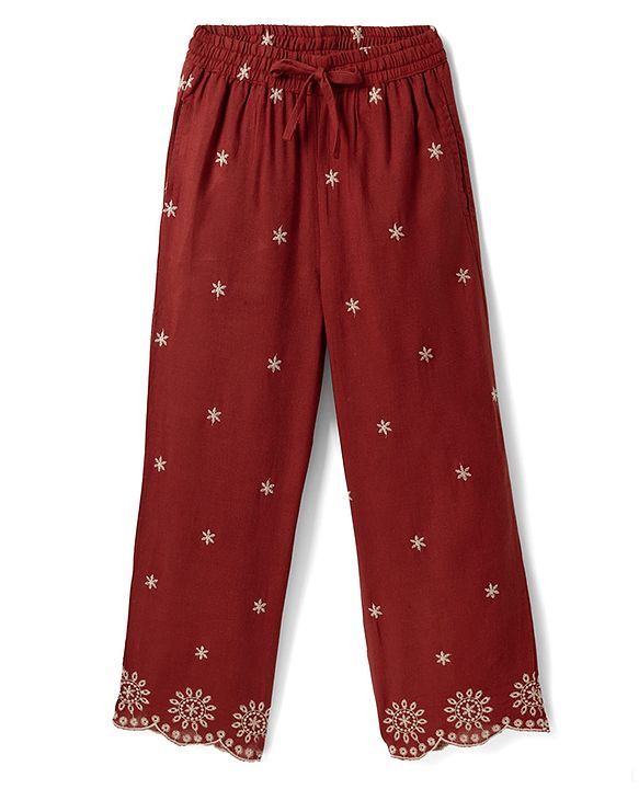 Pine Kids 100% Cotton Woven Three-Fourth Sleeves Indo Western Set With Floral Embroidery - Rust Orange