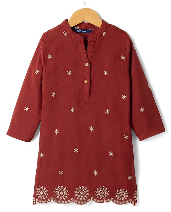 Pine Kids 100% Cotton Woven Three-Fourth Sleeves Indo Western Set With Floral Embroidery - Rust Orange