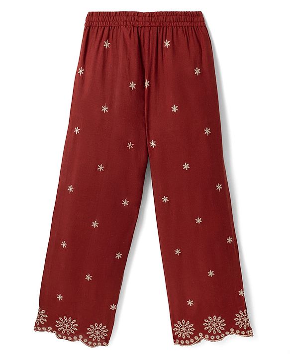 Pine Kids 100% Cotton Woven Three-Fourth Sleeves Indo Western Set With Floral Embroidery - Rust Orange