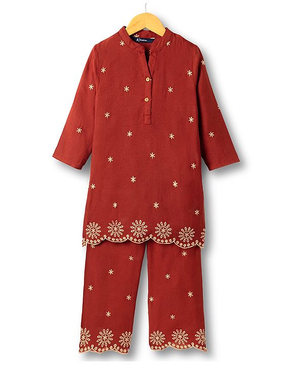 Pine Kids 100% Cotton Woven Three-Fourth Sleeves Indo Western Set With Floral Embroidery - Rust Orange