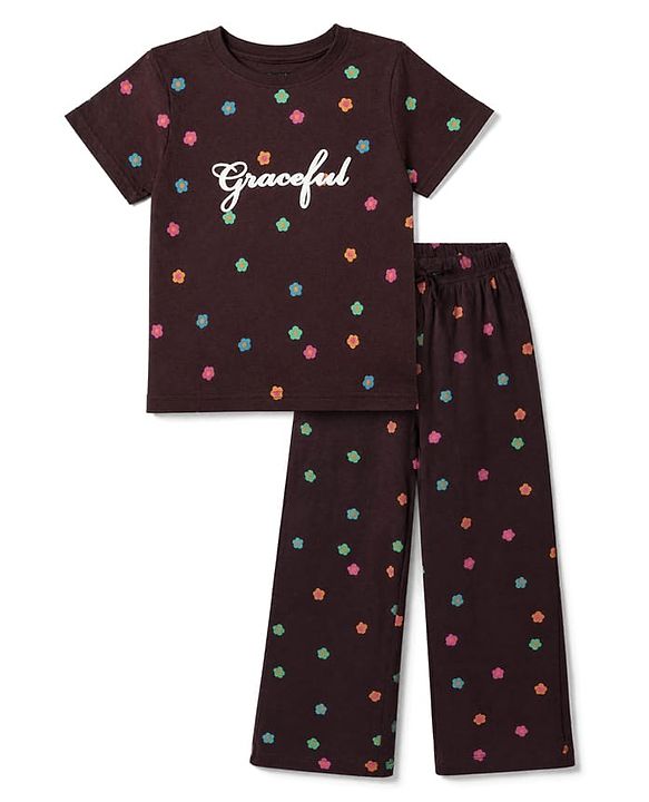 Pine Kids 100% Cotton Knit Bio Washed Single Jersery 180 Gsm Half Sleeves Co-ord Top & Pajama Night Suit with Floral & Graceful Text Print - Brown