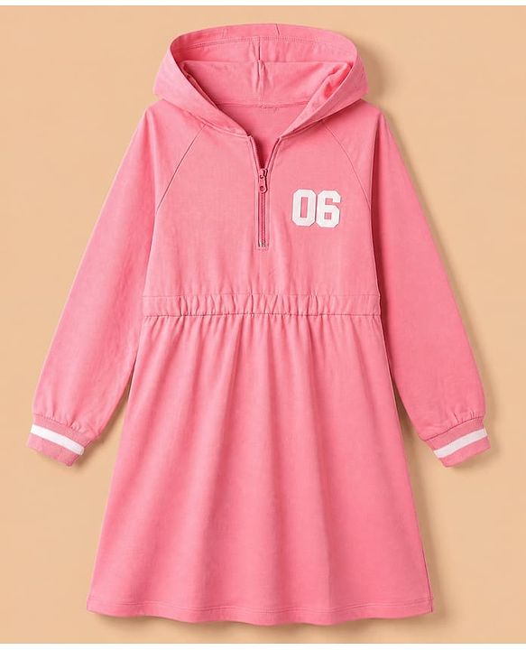 Pine Kids 100% Cotton Knit Winter Frock with Full Sleeves Hood and 06 Print in Pink