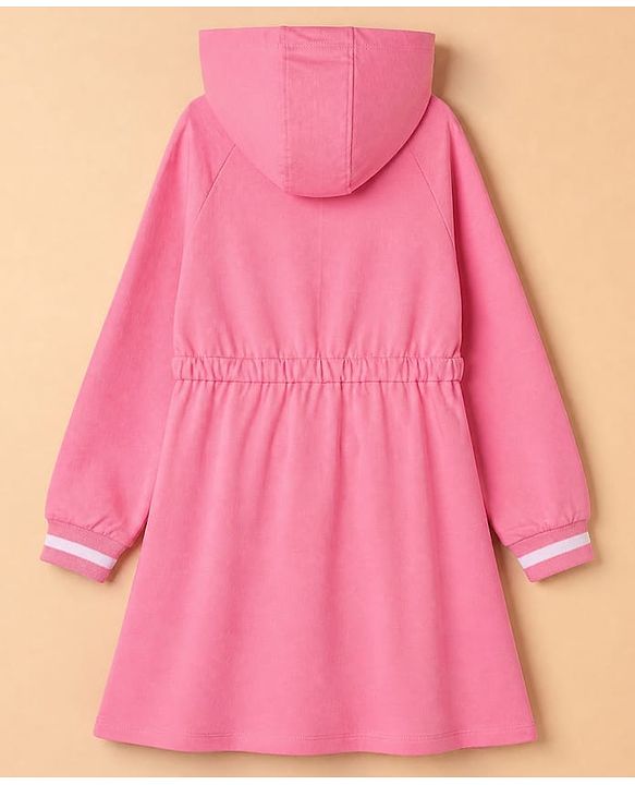 Pine Kids 100% Cotton Knit Winter Frock with Full Sleeves Hood and 06 Print in Pink