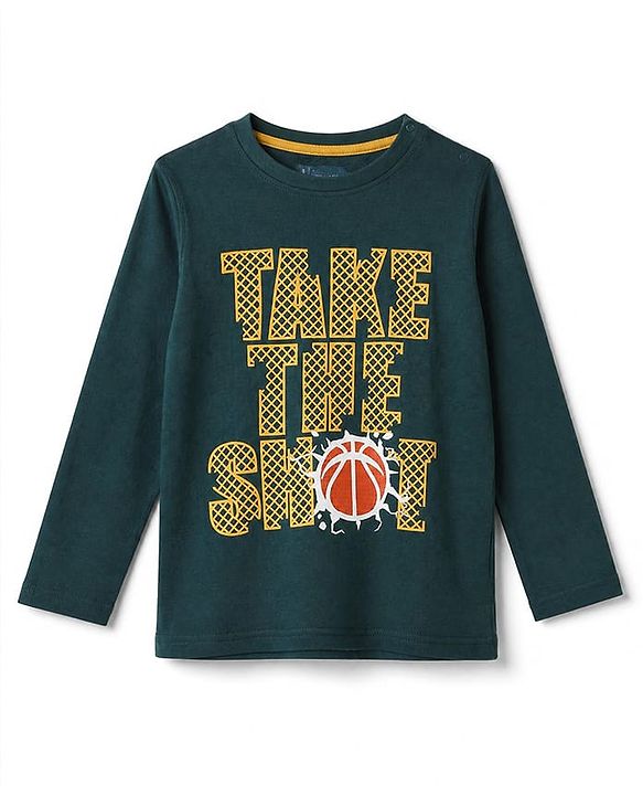 Pine Kids 100% Cotton Knit Full Sleeves T-Shirts with Take The Shot Print - Dark Green