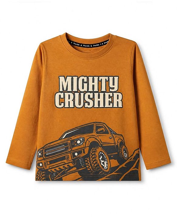 Pine Kids 100% Cotton Knit T-Shirts with Full Sleeves and Mighty Crusher Print in Brown for 4-5 Years