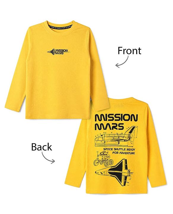Pine Kids 100% Cotton Knit Full Sleeves T-Shirt with Front and Back Space Shuttle Print in Yellow