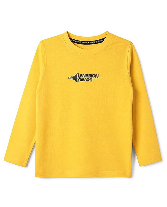Pine Kids 100% Cotton Knit Full Sleeves T-Shirt with Front and Back Space Shuttle Print in Yellow