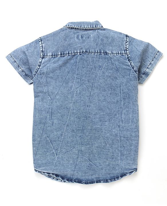 Pine Kids 100% Cotton Denim Shirts with Half Sleeves and Chill Vibes Only Text Print - Sky Blue