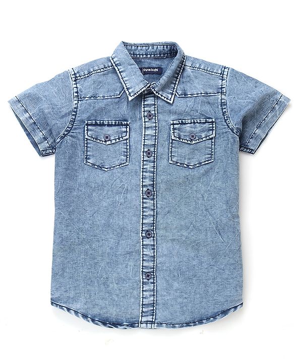 Pine Kids 100% Cotton Denim Shirts with Half Sleeves and Chill Vibes Only Text Print - Sky Blue