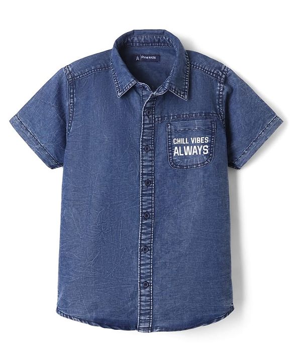 Pine Kids 100% Cotton Woven Denim Shirt with Half Sleeves and Chill Vibes Always Print - Royal Blue