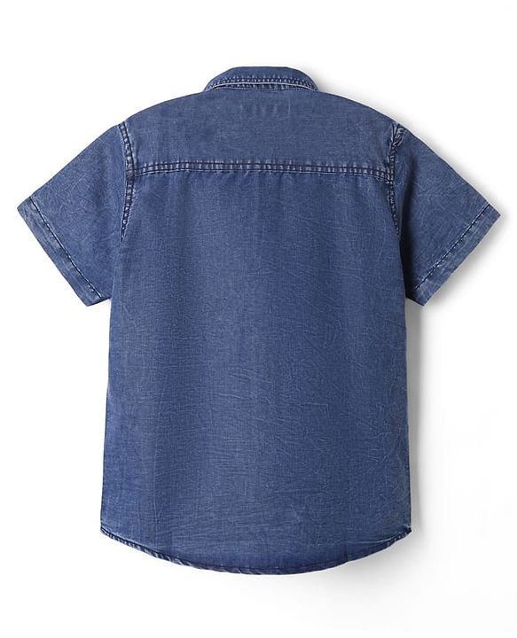 Pine Kids 100% Cotton Woven Denim Shirt with Half Sleeves and Chill Vibes Always Print - Royal Blue