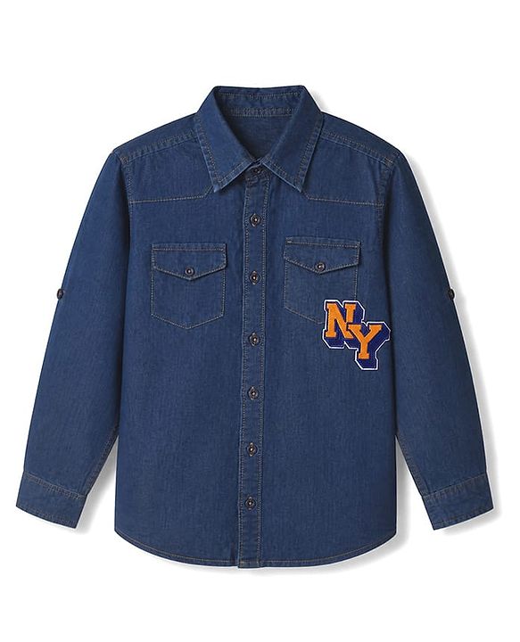 Pine Kids Cotton Woven Full Sleeves Denim Shirt with Ny Applique in Navy Blue