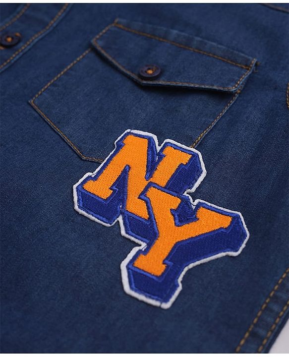 Pine Kids Cotton Woven Full Sleeves Denim Shirt with Ny Applique in Navy Blue