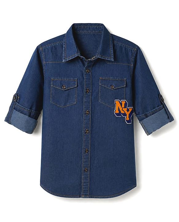Pine Kids Cotton Woven Full Sleeves Denim Shirt with Ny Applique in Navy Blue