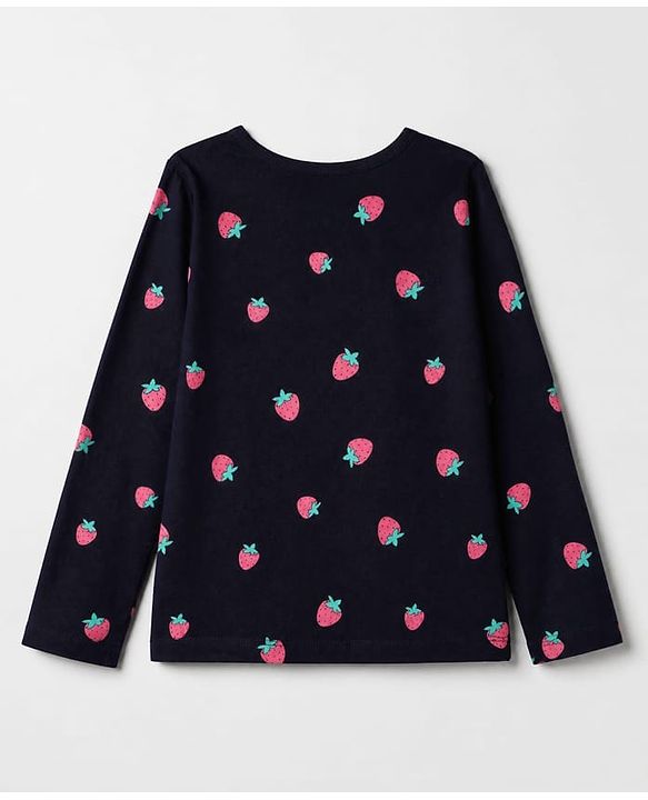 Pine Kids 100% Cotton Knit Bio Washed Single Jersery 180 Gsm Full Sleeves Co-ord Top & Pajama Night Suit with Strawberry Print - Black