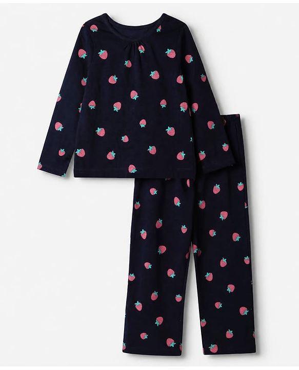 Pine Kids 100% Cotton Knit Bio Washed Single Jersery 180 Gsm Full Sleeves Co-ord Top & Pajama Night Suit with Strawberry Print - Black