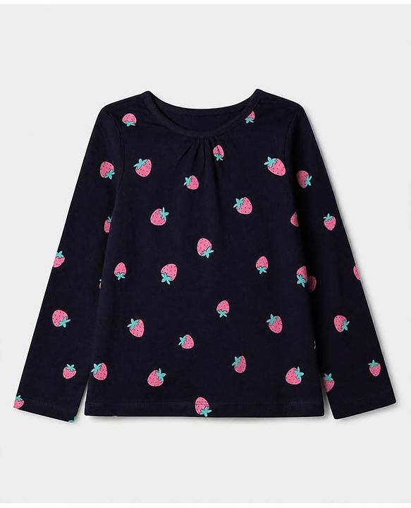 Pine Kids 100% Cotton Knit Bio Washed Single Jersery 180 Gsm Full Sleeves Co-ord Top & Pajama Night Suit with Strawberry Print - Black
