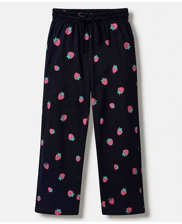Pine Kids 100% Cotton Knit Bio Washed Single Jersery 180 Gsm Full Sleeves Co-ord Top & Pajama Night Suit with Strawberry Print - Black