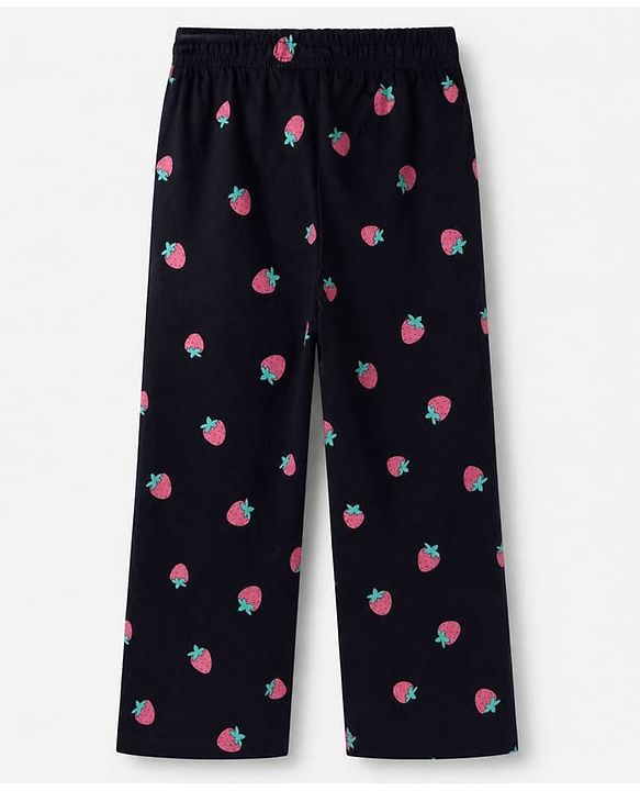 Pine Kids 100% Cotton Knit Bio Washed Single Jersery 180 Gsm Full Sleeves Co-ord Top & Pajama Night Suit with Strawberry Print - Black