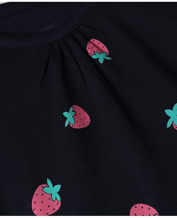Pine Kids 100% Cotton Knit Bio Washed Single Jersery 180 Gsm Full Sleeves Co-ord Top & Pajama Night Suit with Strawberry Print - Black