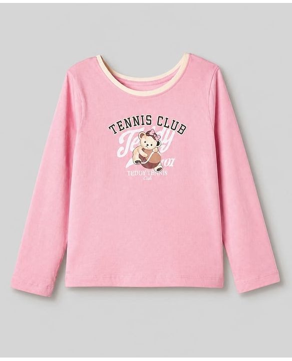 Pine Kids 100% Cotton Knit Full Sleeves T-Shirt & Pyjama Night Suit With Teddy Print & Bio Finish - White & Pink