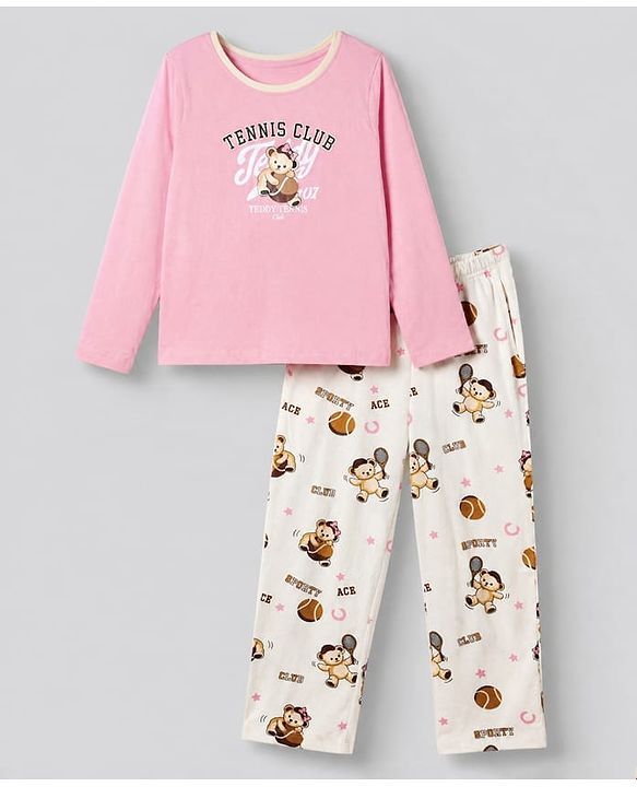 Pine Kids 100% Cotton Knit Full Sleeves T-Shirt & Pyjama Night Suit With Teddy Print & Bio Finish - White & Pink