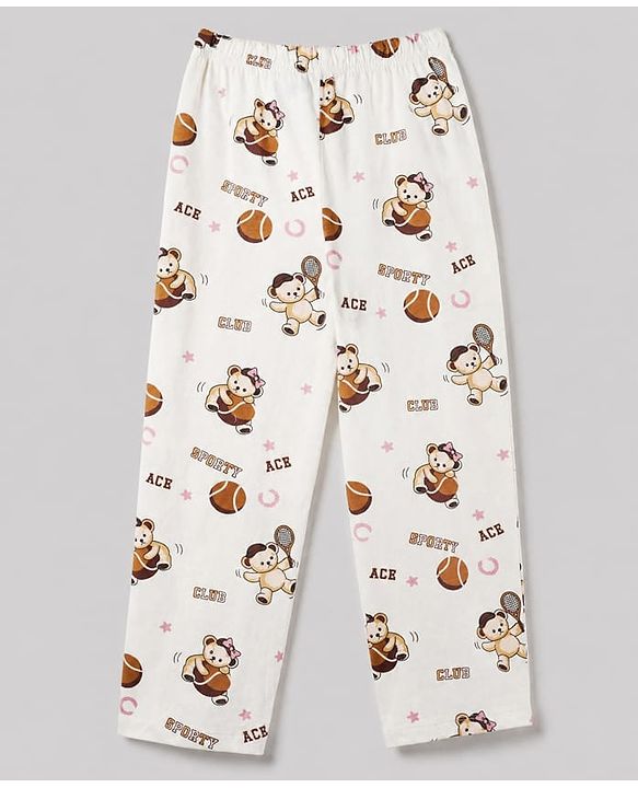 Pine Kids 100% Cotton Knit Full Sleeves T-Shirt & Pyjama Night Suit With Teddy Print & Bio Finish - White & Pink