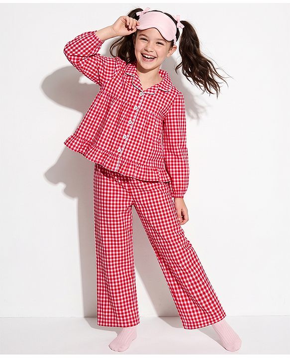 Pine Kids 100 % Cotton Knit Full Sleeves Co-Ord Top And Pyjama Night Suit With Checked Print - Red