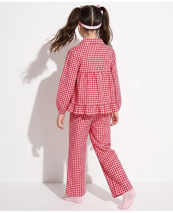 Pine Kids 100 % Cotton Knit Full Sleeves Co-Ord Top And Pyjama Night Suit With Checked Print - Red