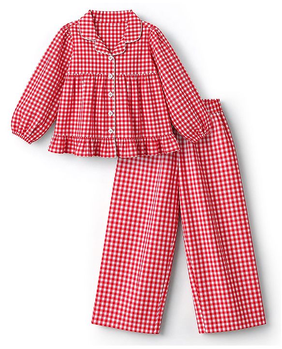 Pine Kids 100 % Cotton Knit Full Sleeves Co-Ord Top And Pyjama Night Suit With Checked Print - Red