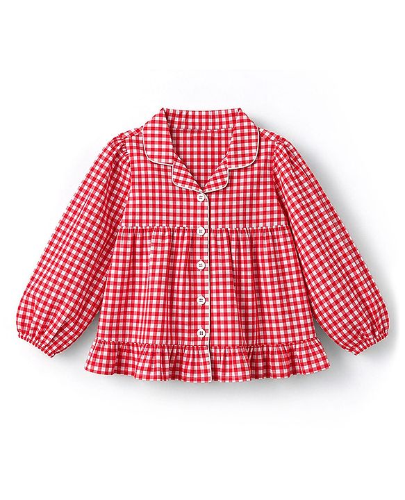 Pine Kids 100 % Cotton Knit Full Sleeves Co-Ord Top And Pyjama Night Suit With Checked Print - Red