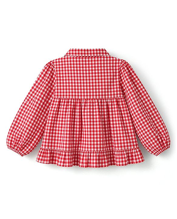 Pine Kids 100 % Cotton Knit Full Sleeves Co-Ord Top And Pyjama Night Suit With Checked Print - Red