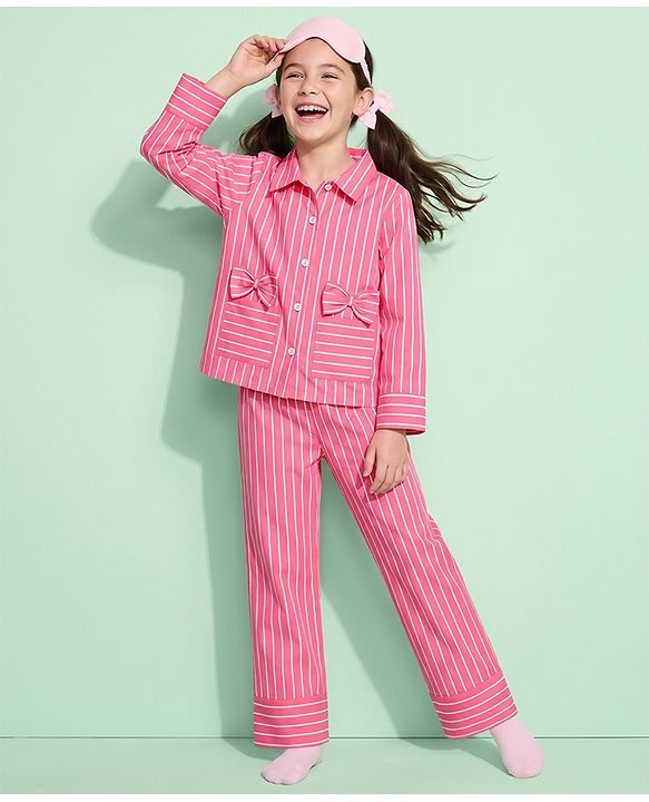 Pine Kids 100% Cotton Woven Full Sleeves Co-Ords Shirt & Pajama Night Suit With Bow Applique - Pink