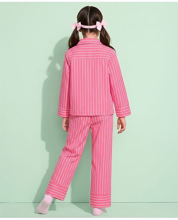 Pine Kids 100% Cotton Woven Full Sleeves Co-Ords Shirt & Pajama Night Suit With Bow Applique - Pink