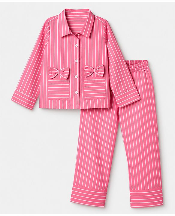 Pine Kids 100% Cotton Woven Full Sleeves Co-Ords Shirt & Pajama Night Suit With Bow Applique - Pink