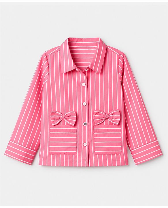Pine Kids 100% Cotton Woven Full Sleeves Co-Ords Shirt & Pajama Night Suit With Bow Applique - Pink