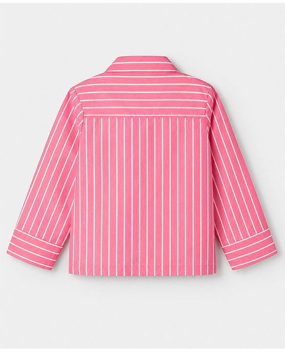 Pine Kids 100% Cotton Woven Full Sleeves Co-Ords Shirt & Pajama Night Suit With Bow Applique - Pink