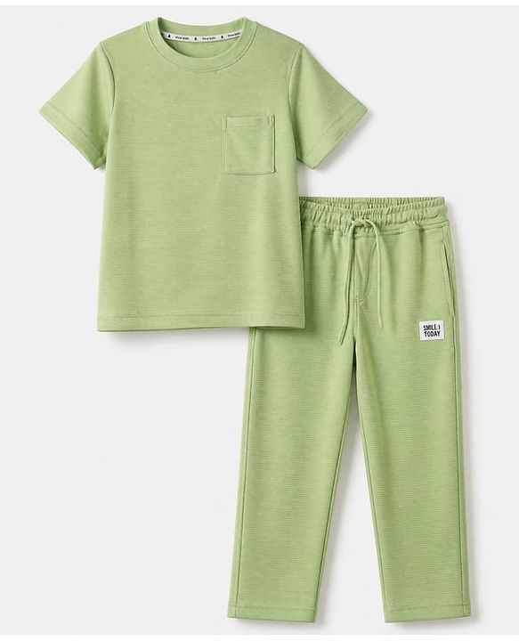 Pine Kids Ottoman Knit Half Sleeves Striped T-Shirt and Pant Set - Green
