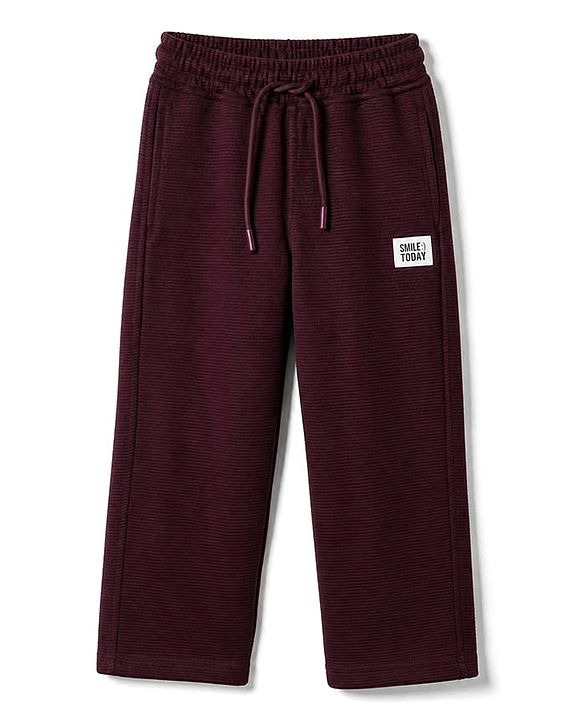 Pine Kids Cotton Ottoman Half Sleeves T-Shirt and Pant with Full Length and Smile Today Patch - Wine