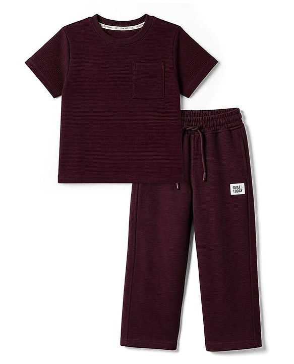 Pine Kids Cotton Ottoman Half Sleeves T-Shirt and Pant with Full Length and Smile Today Patch - Wine