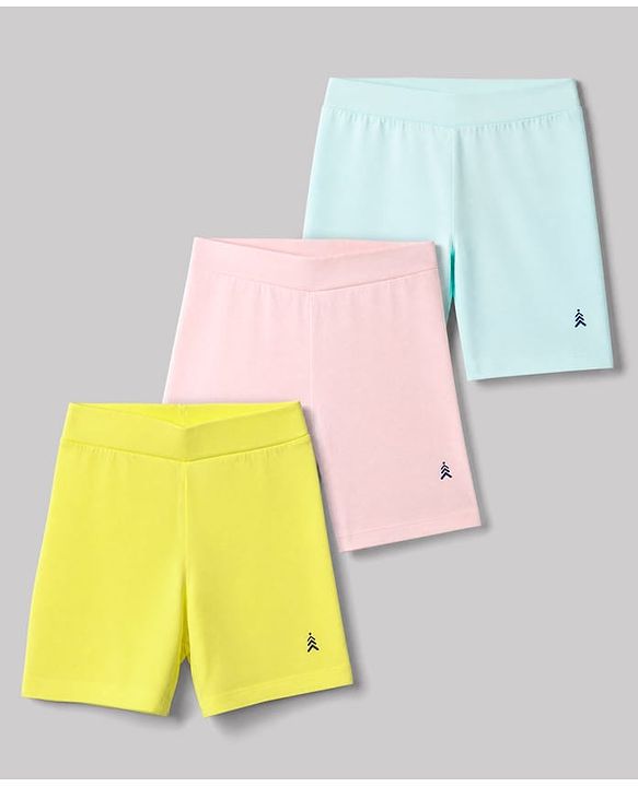 Pine Kids Cotton Lycra Knit Above Knee Length Solid Cycling Shorts Pack of 3 - Light Blue Limegreen & Pink