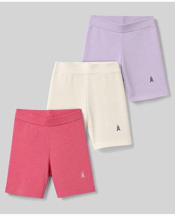 Pine Kids Cotton Lycra Knit Above Knee Length Solid Cycling Shorts Pack of 3 - Lilac White & Dark Pink