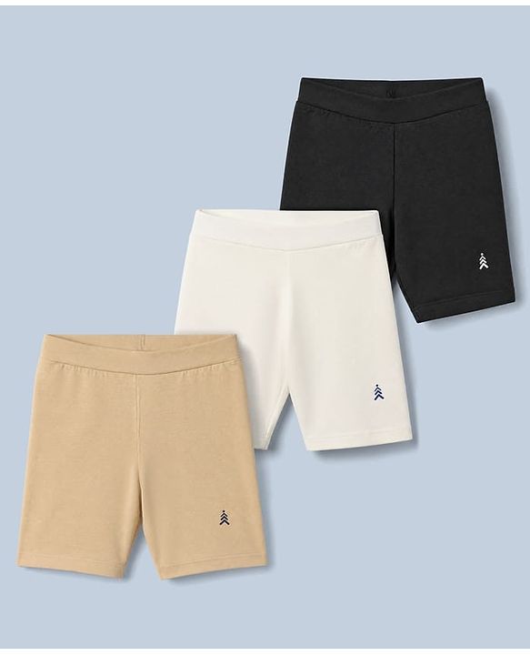 Pine Kids Cotton Lycra Knit Above Knee Length Solid Cycling Shorts Pack of 3 - Beige White & Black