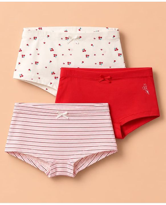 Pine Kids Cotton Elastane Knit Panties With Floral Print Pack of 3 - White Red & Pink
