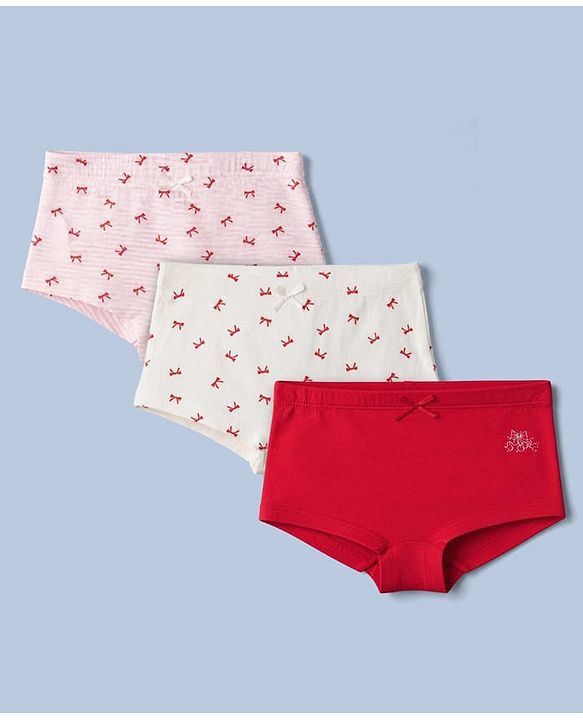 Pine Kids Cotton Elastane Knit Striped Panties With Bow Print & Applique Pack of 3 - White, Red & Pink