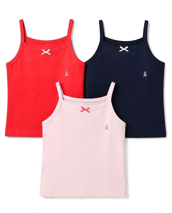 Pine Kids Knit Cotton Lycra Solid Sleeveless Slips with Bow Applique Pack of 3 - Red Pink Navy Blue