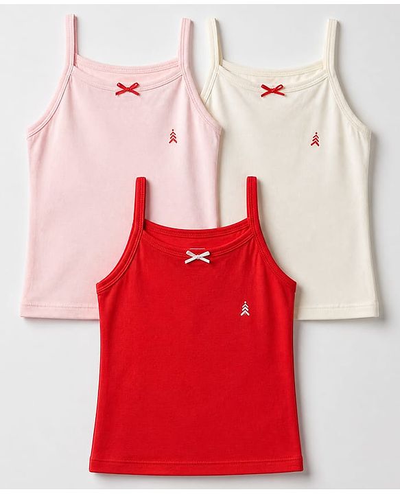 Pine Kids Cotton Lycra Knit Slips with Singlet and Bow Applique Pack of 3 - Red Light Pink & White